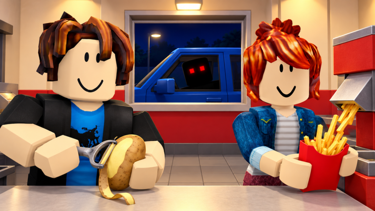 Official Sell Fries promotional artwork showing potato preparation, fries and a red-eyed visitor at the drive-through
